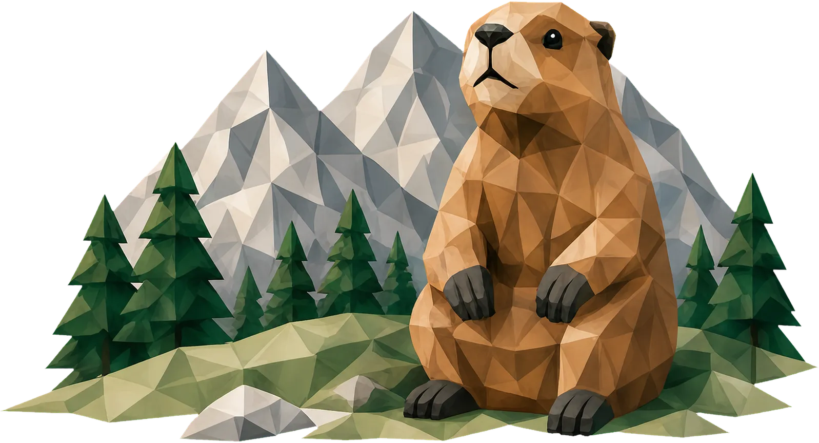 Murmeltier vor einem Alpenpanorama, low-poly illustriert